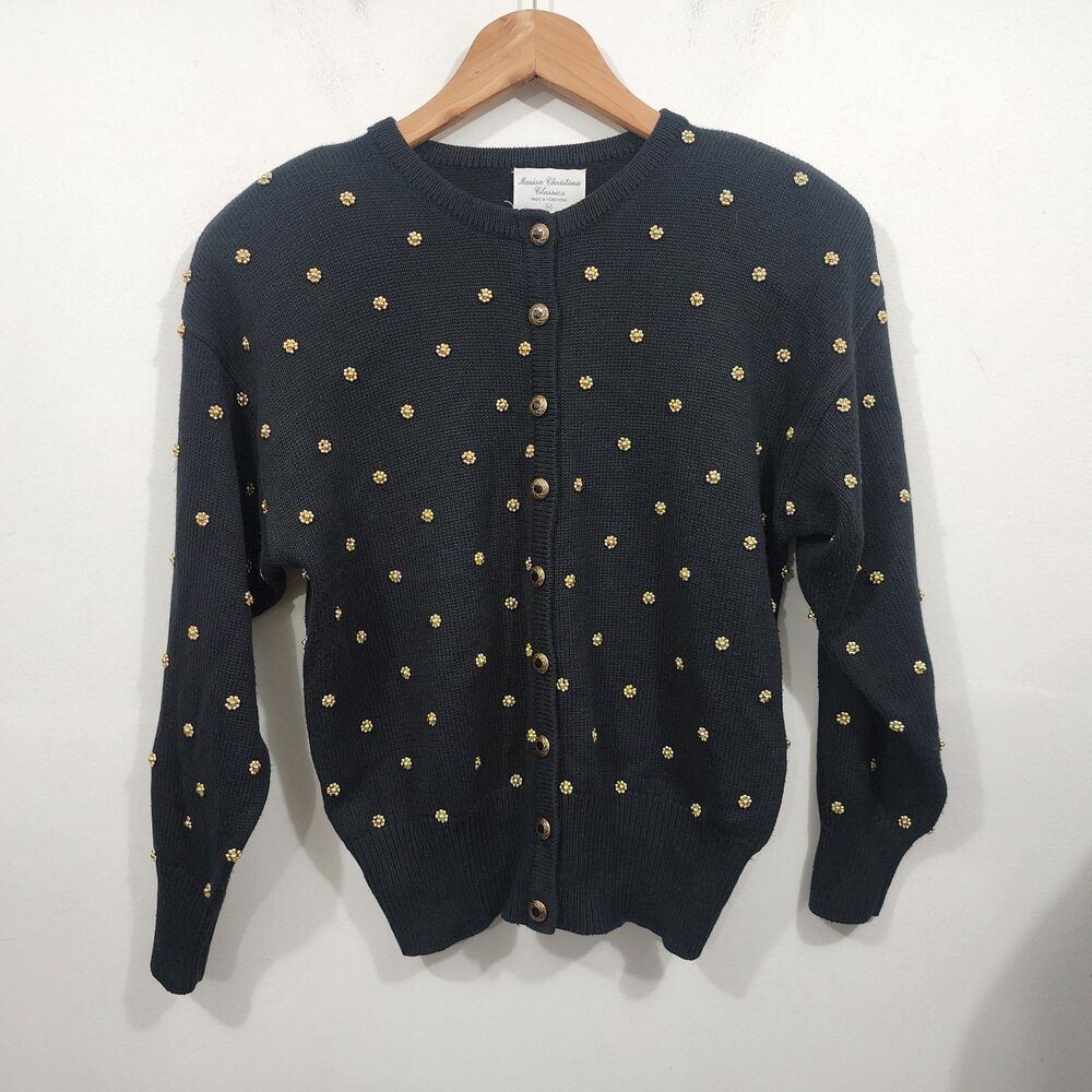 Vintage Marisa Christina Classics Beaded Knit Cardigan Sweater Black Gold Size M